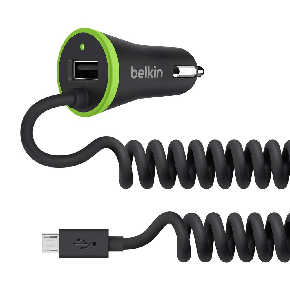 Belkin Ultra-Fast 3.4 AMP USB Car Charger With USB Pass Through + Coiled Micro USB Cable - Black